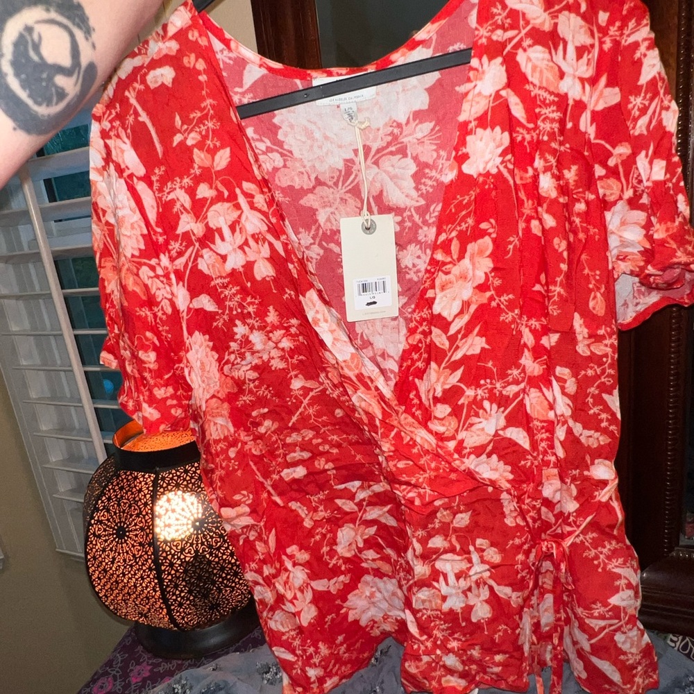 Lucky Brand Floral Red Wrap Top